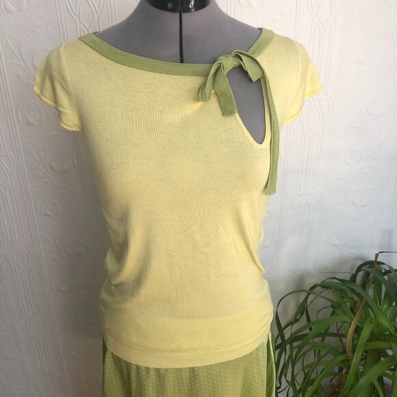 Early 2000 green yellow silk Tara Jarmon polka dots asymmetrical skirt and top - Picture 1 of 4